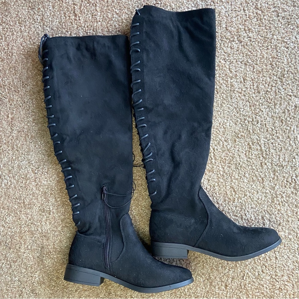 Black Suede Knee-High Boots Size 7 Lace up Back